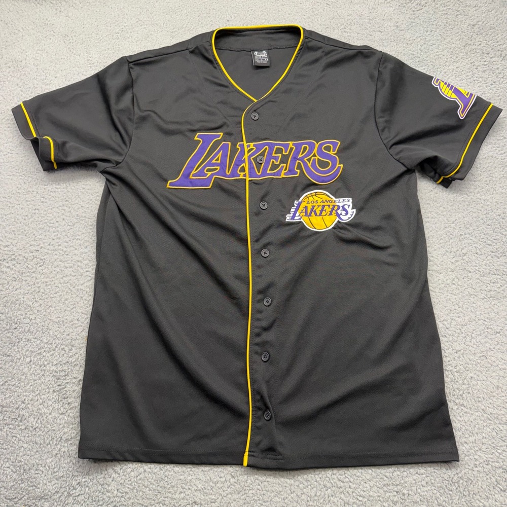 Ultra Game NBA Mens Large Black Los Angeles Lakers Button Up Baseball Jersey